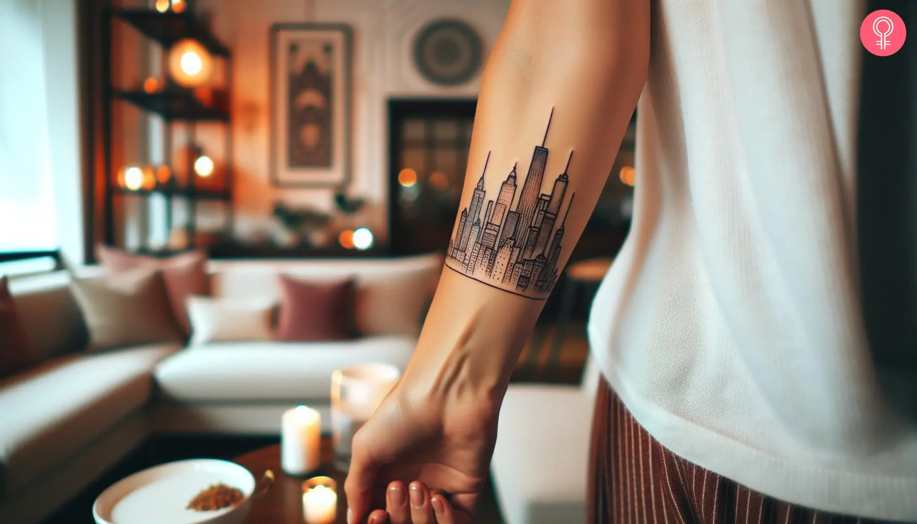 A simple Chicago skyline tattoo on the forearm of a woman