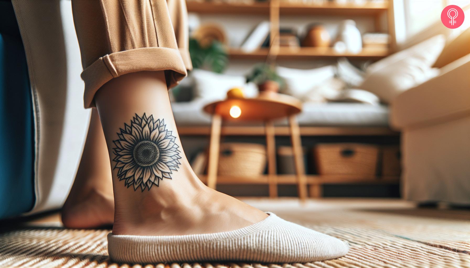 Woman with simple flower foot tattoo