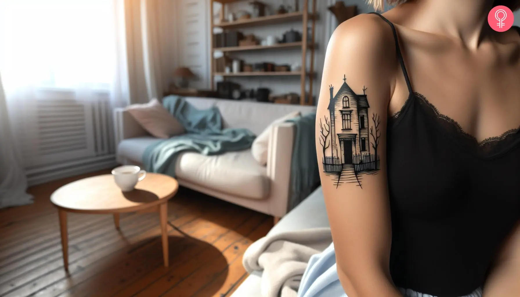 Simple haunted house tattoo on the upper arm