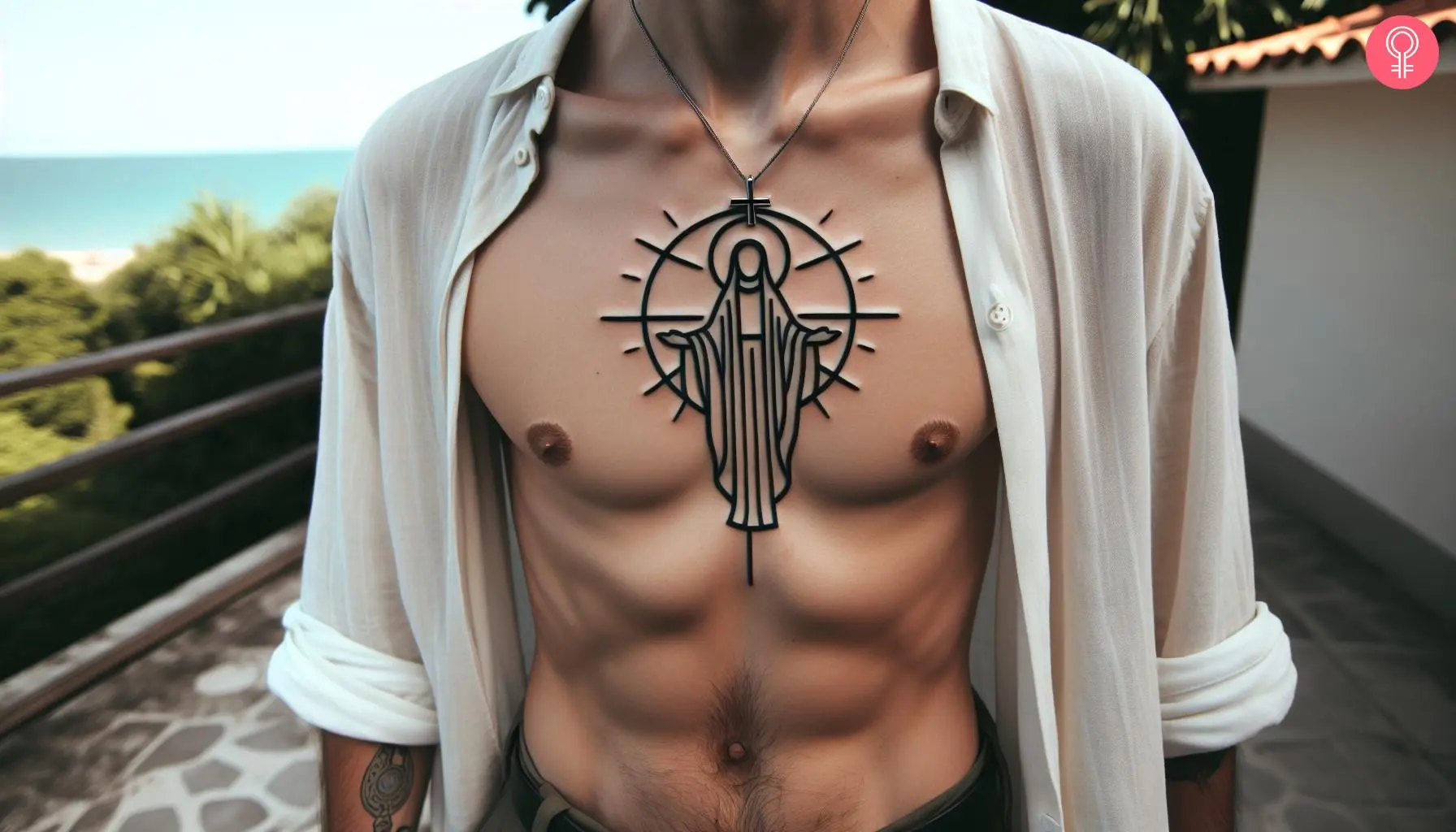 Man with a simple Jesus chest tattoo