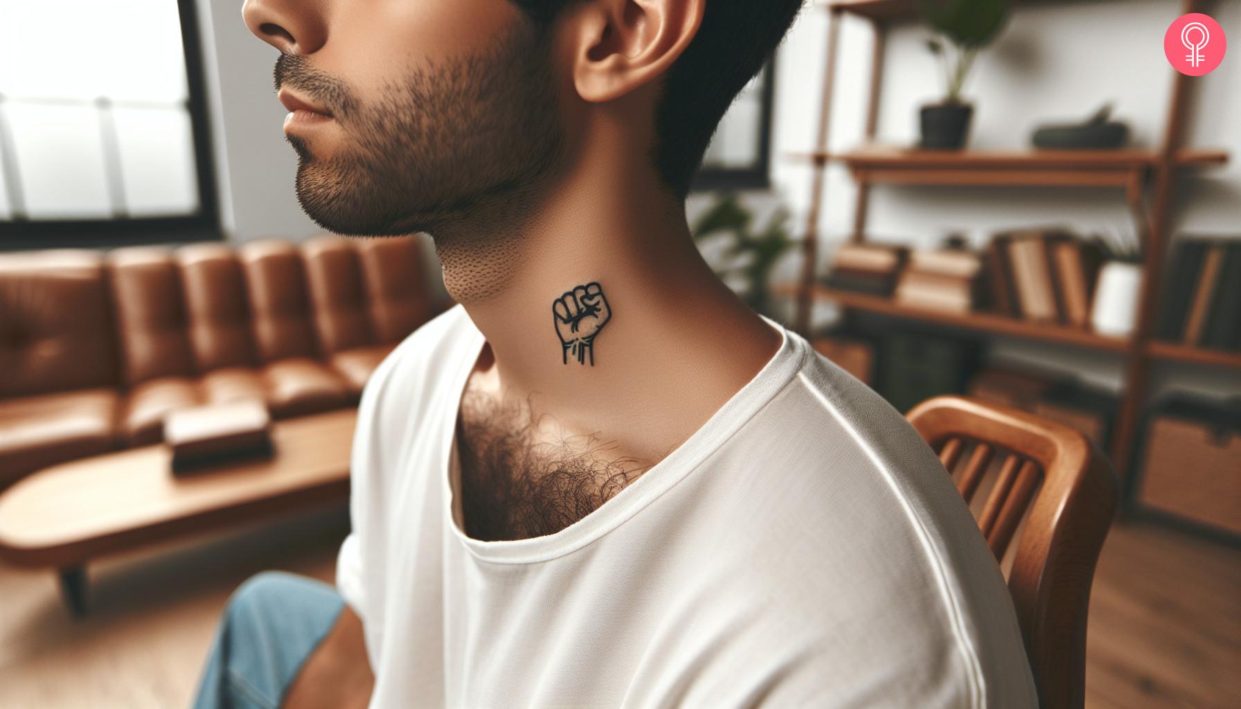 A man with a simple karate tattoo on his neck