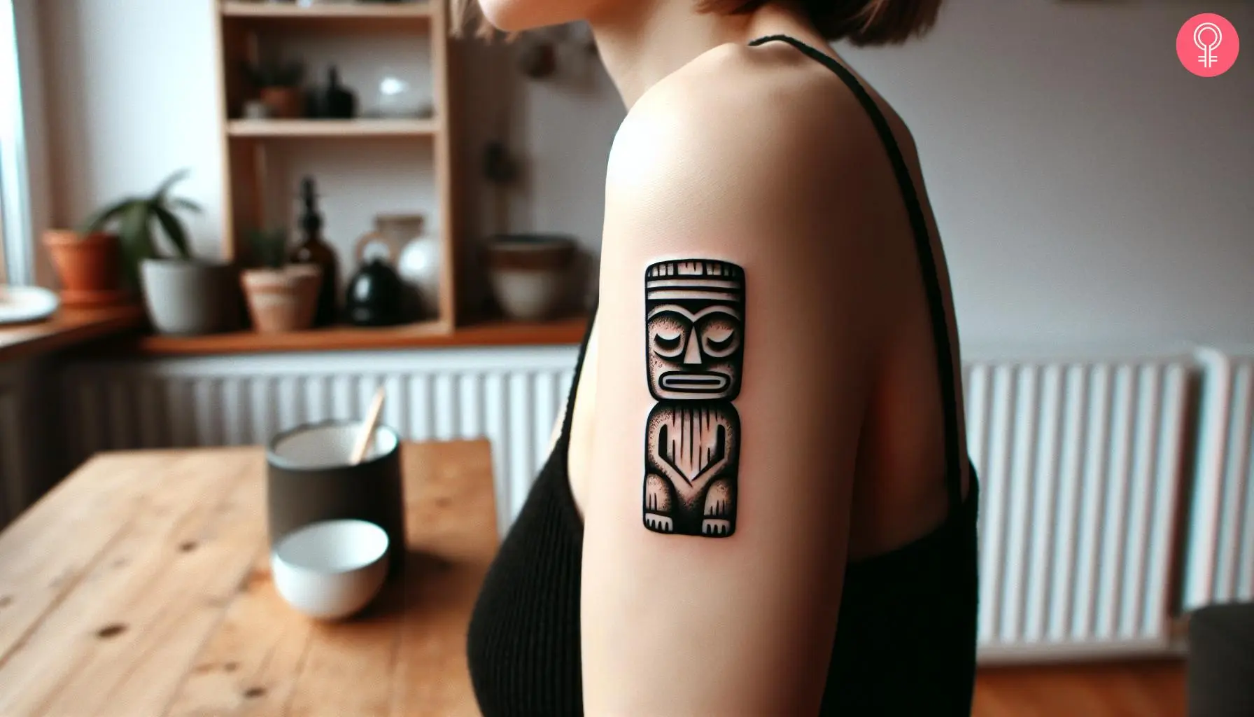 Simple Tiki tattoo on the upper arm