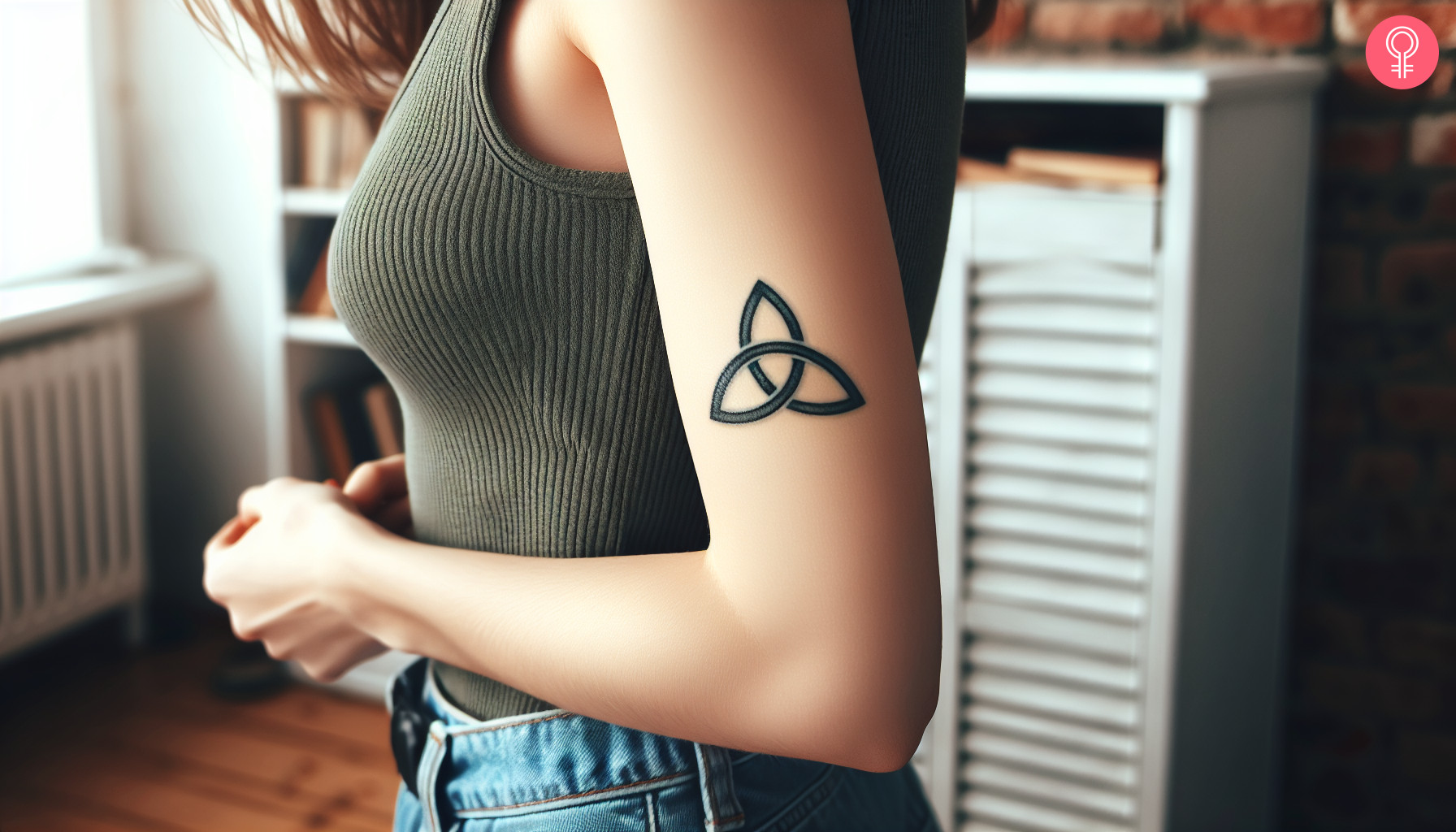 Simple trinity knot tattoo on the upper arm of a woman
