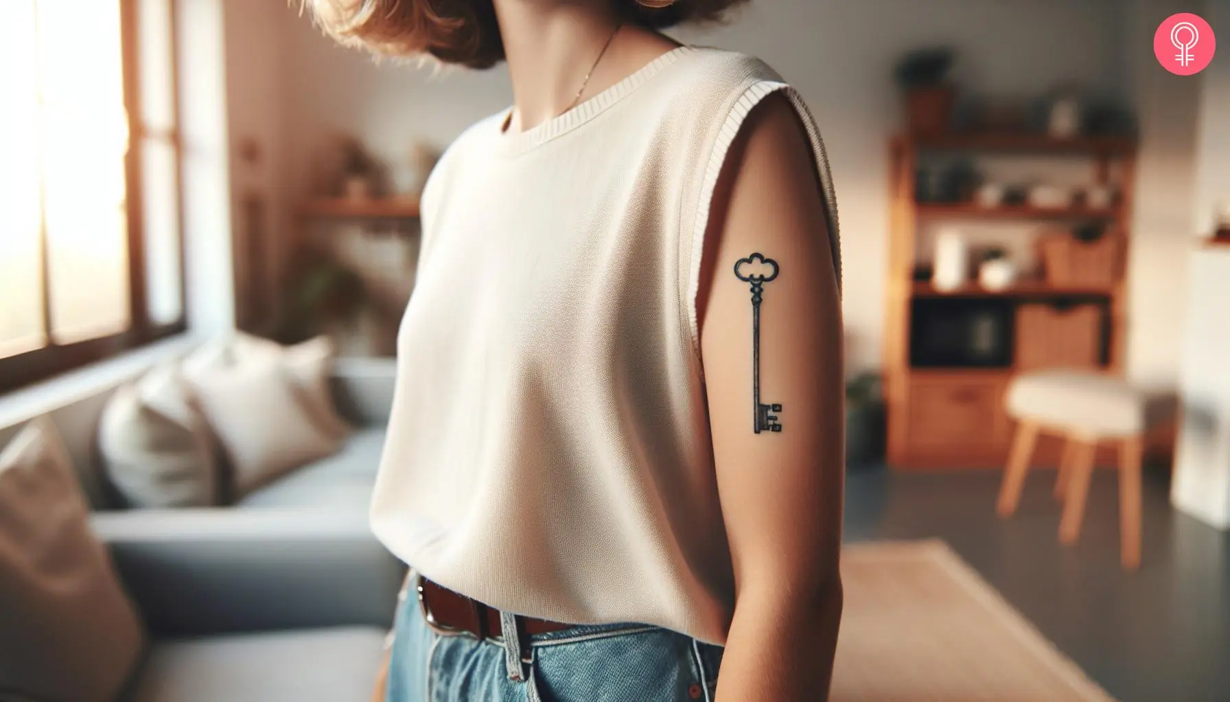 Simple skeleton key tattoo on the upper arm of a woman