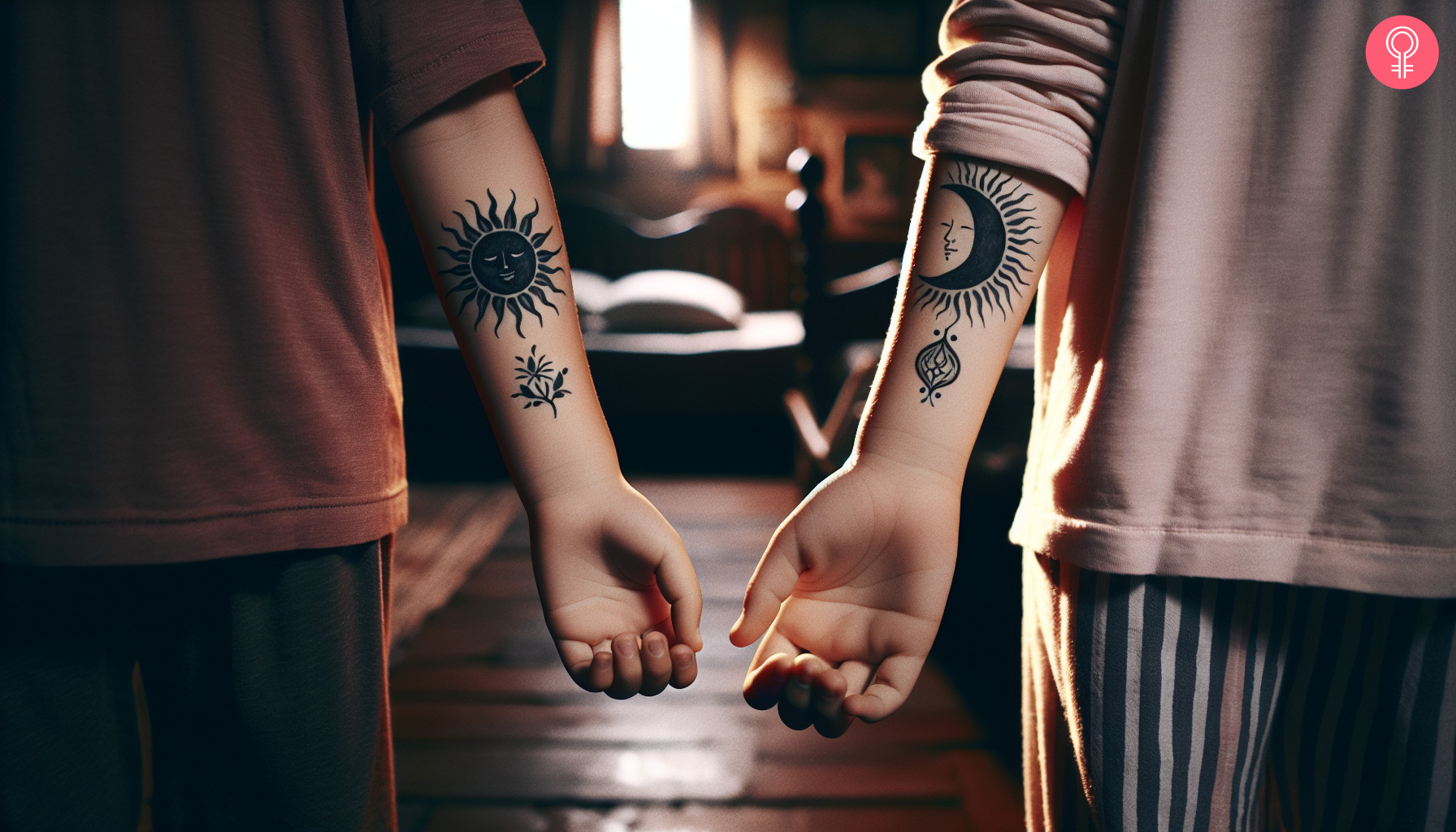 Simple sun and moon sibling tattoo