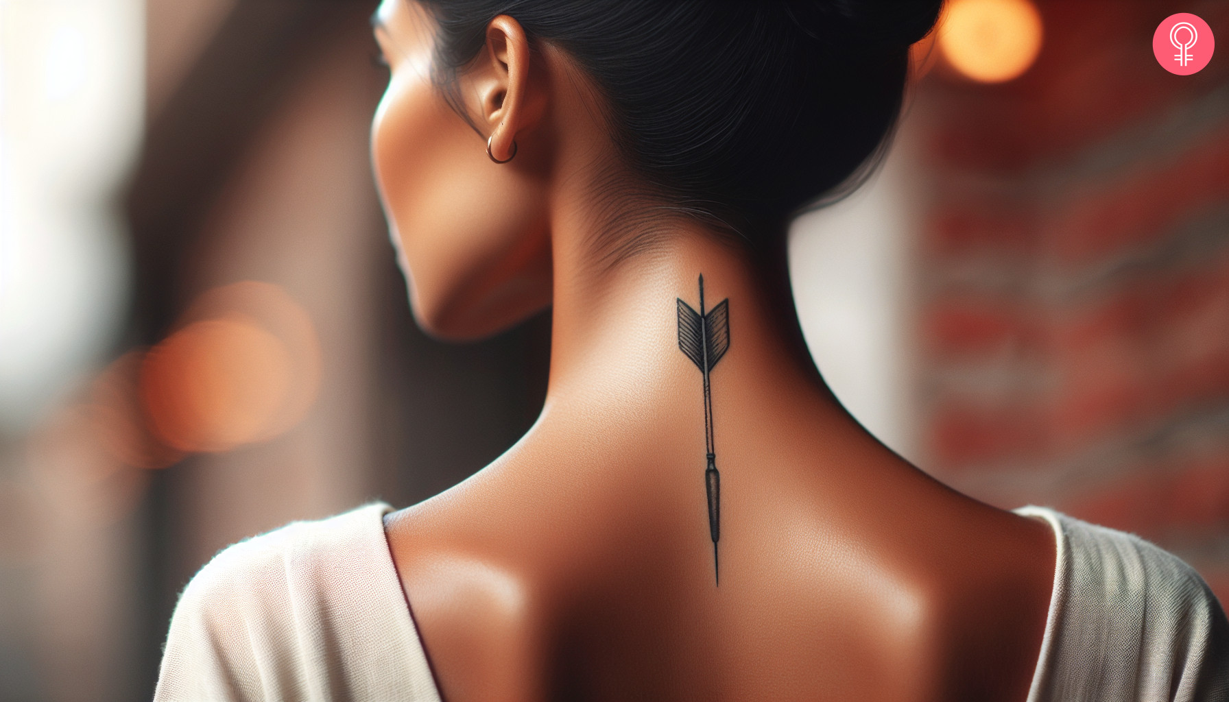 Woman with a single needle dart tattoo on the nape and upper back