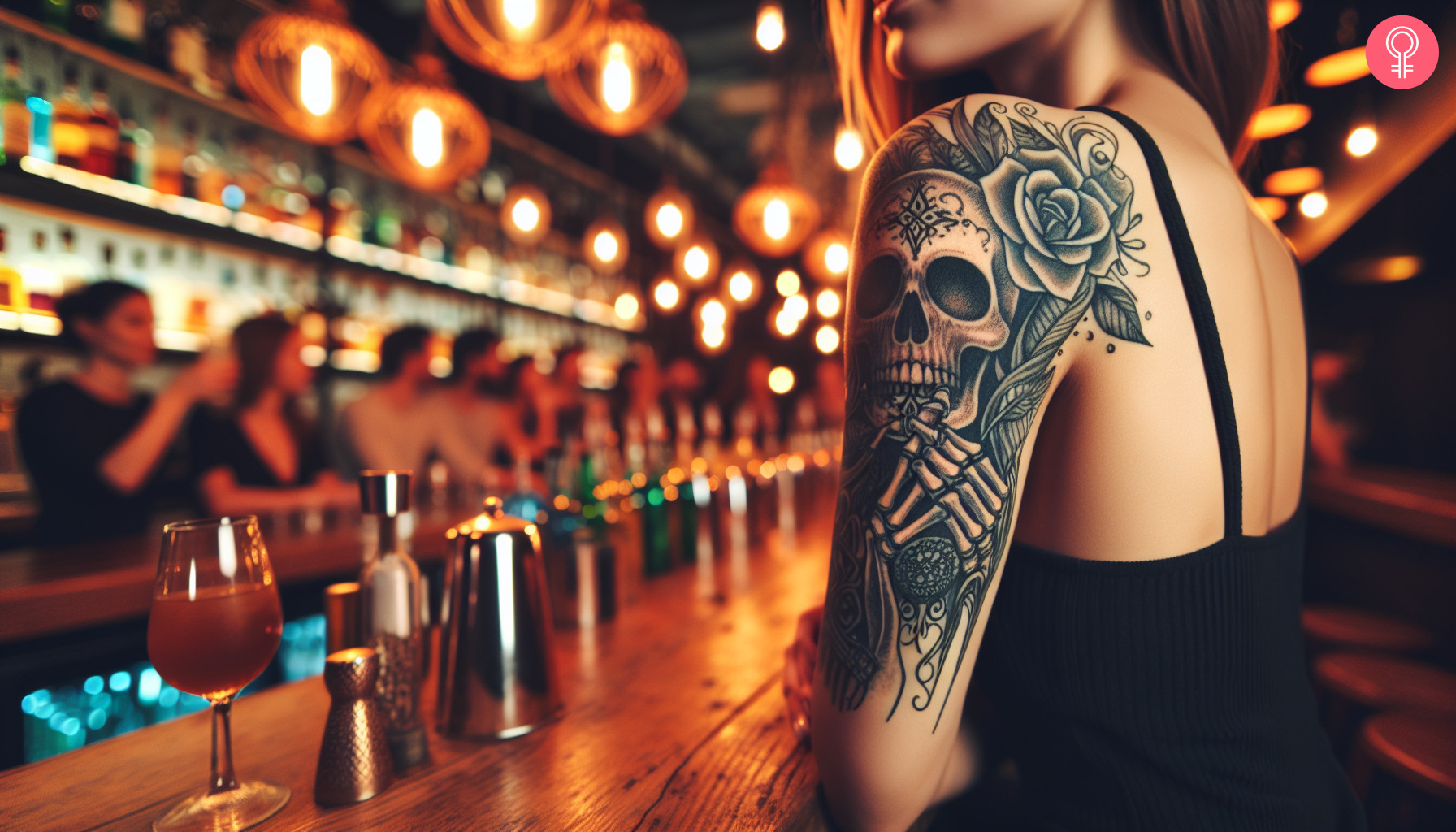 Woman with a skeleton bartender tattoo on the upper arm