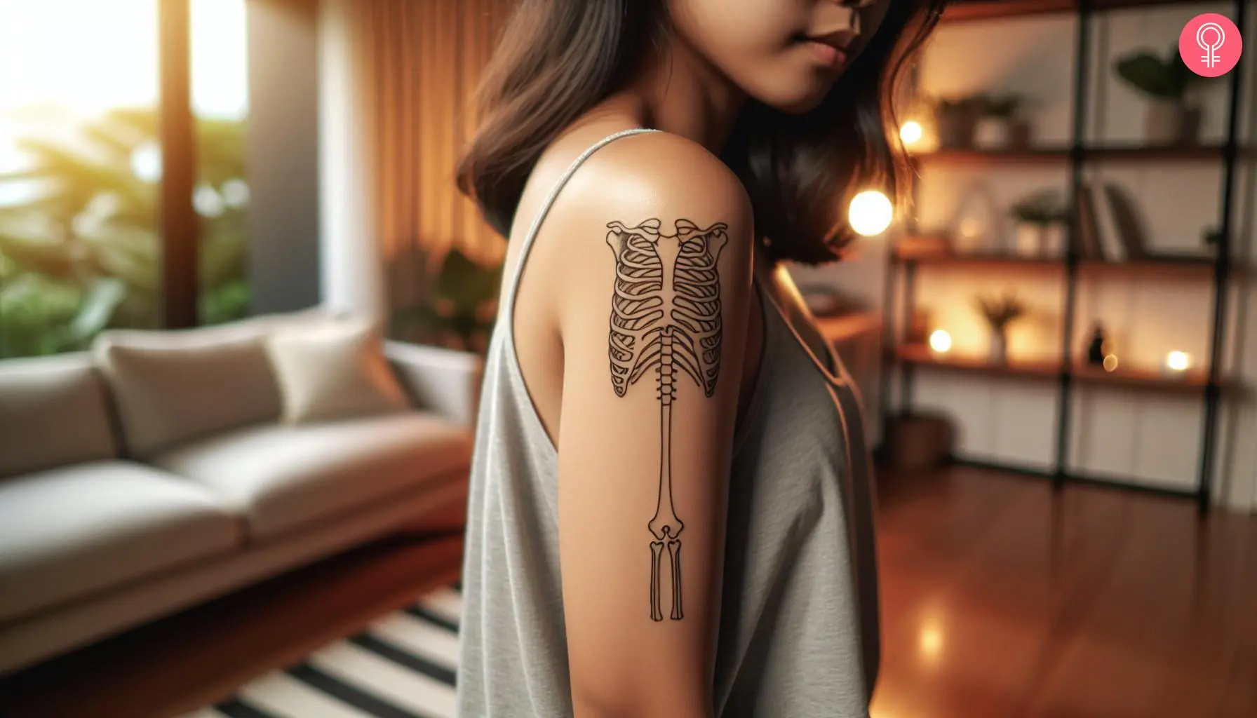 Woman with a skeleton bone tattoo on the upper arm