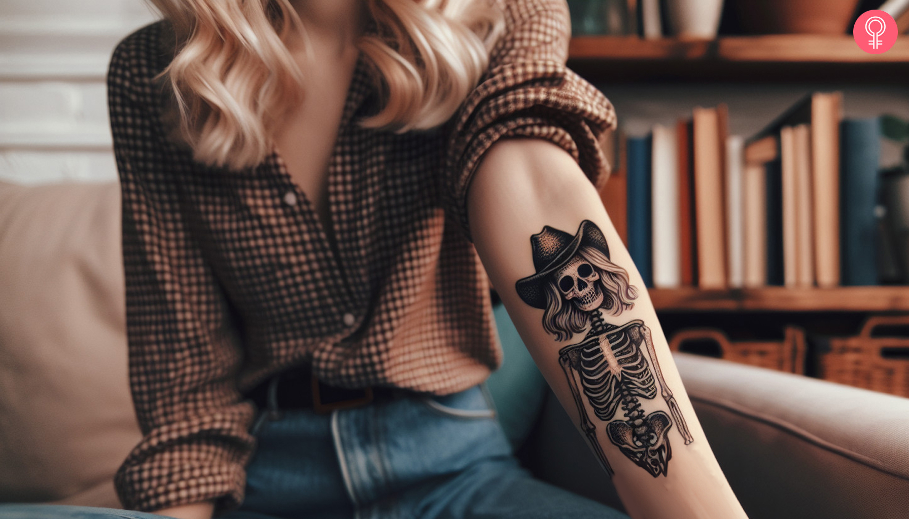 Skeleton cowgirl tattoo on the forearm of a woman