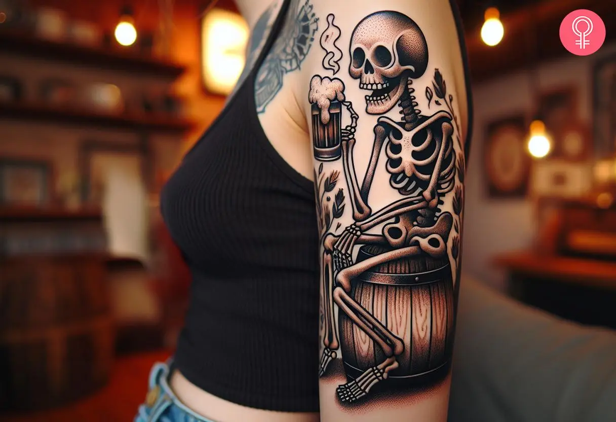 Skeleton drinking beer tattoo on a woman’s arm