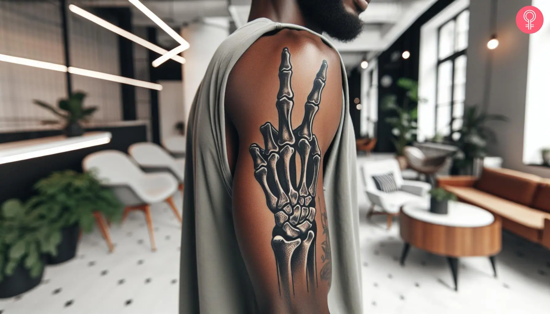 Skeleton peace sign tattoo on the upper arm of a man