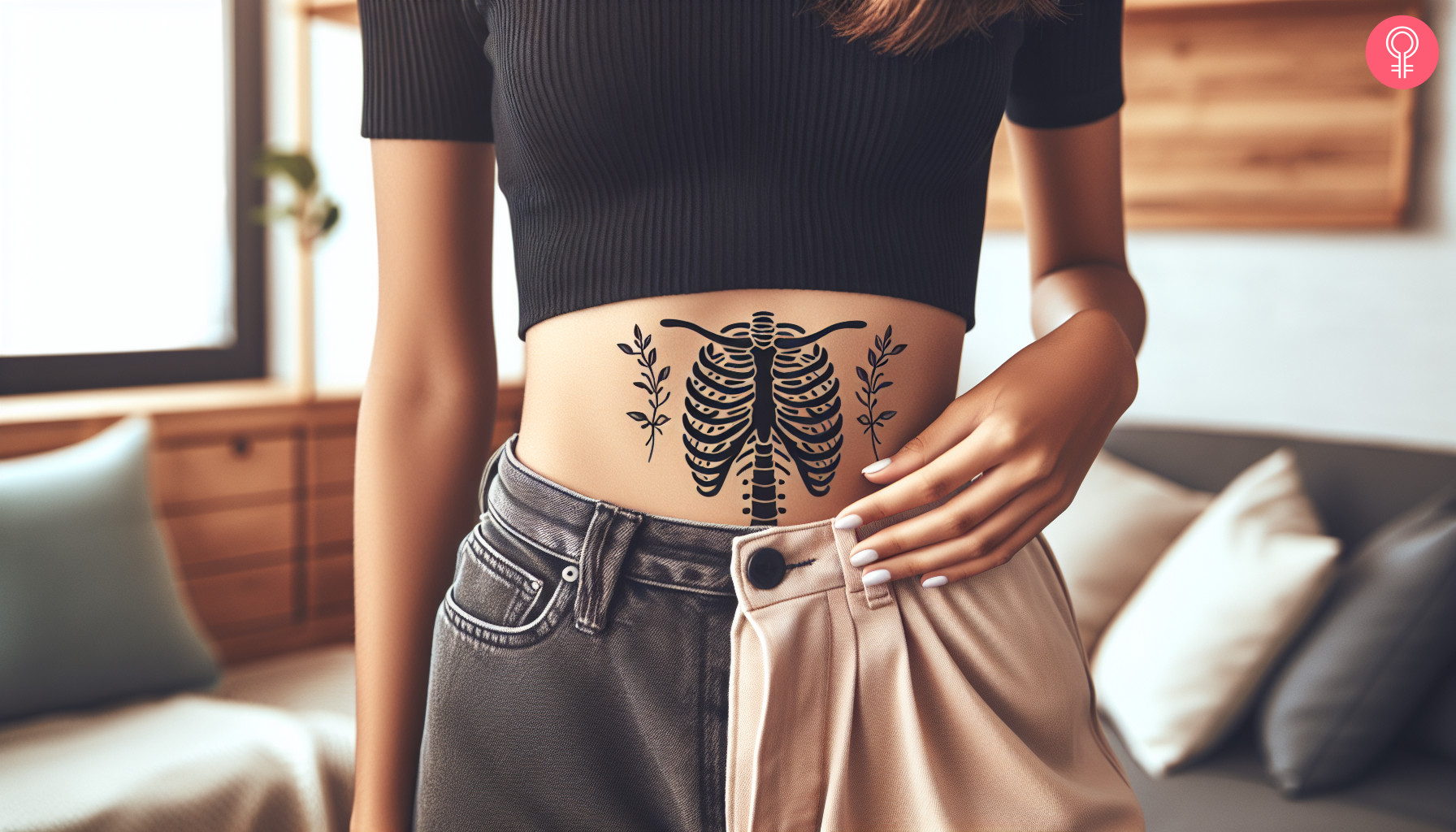 A skeleton tattoo on the torso of a woman