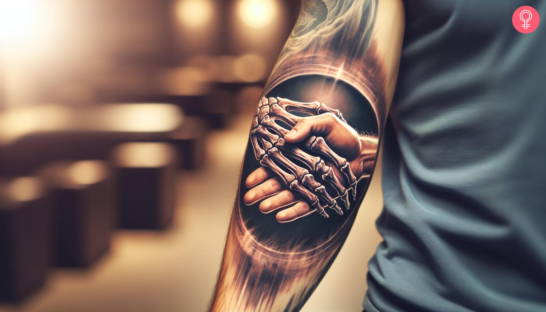 Skeleton handshake tattoo on a man's forearm