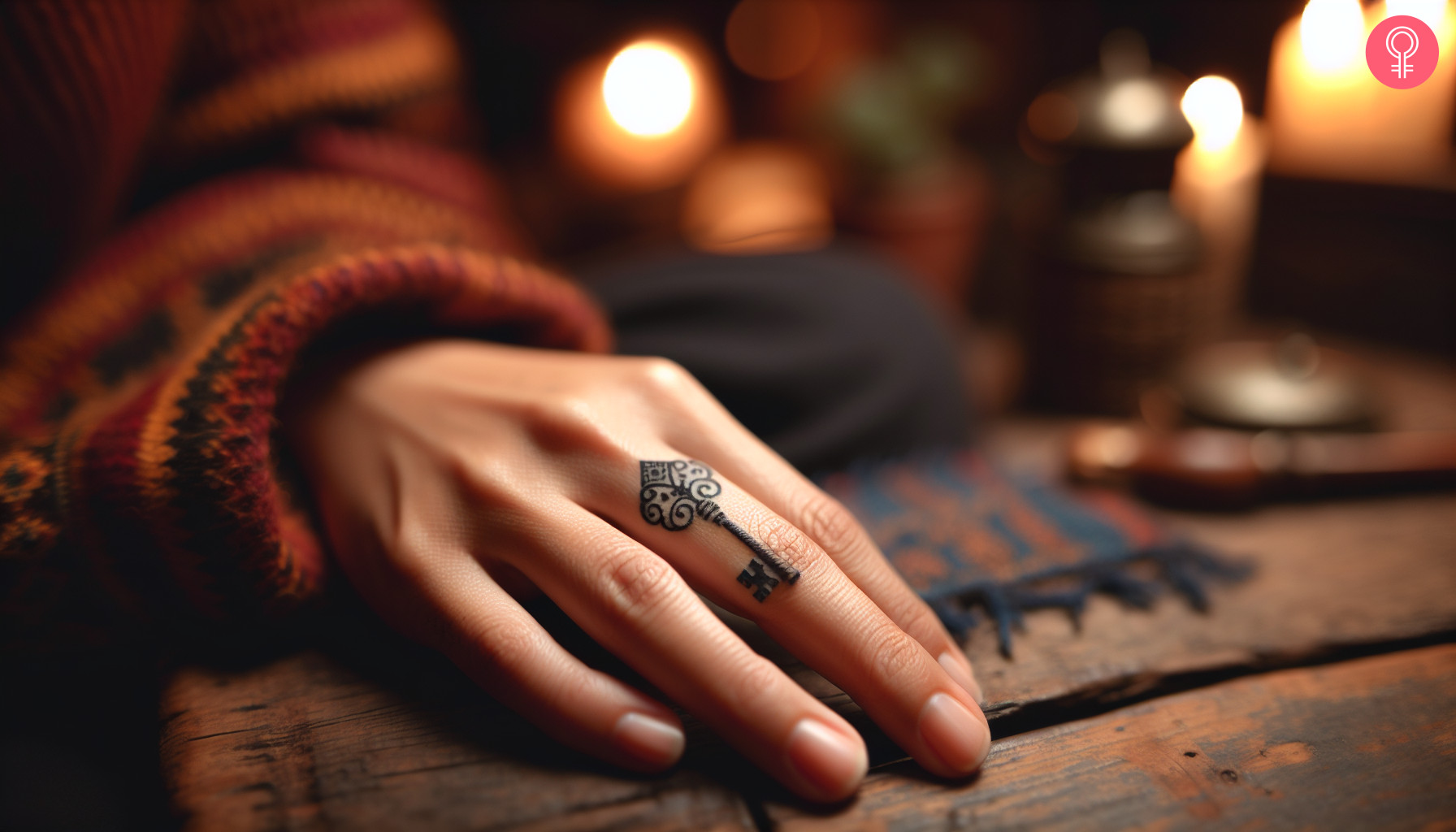 Skeleton key tattoo on the finger of a woman