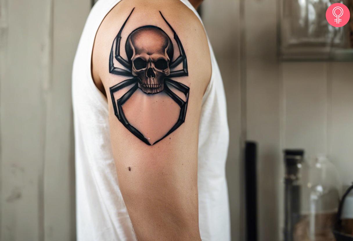 Skeleton with spider legs tattoo on shoulder