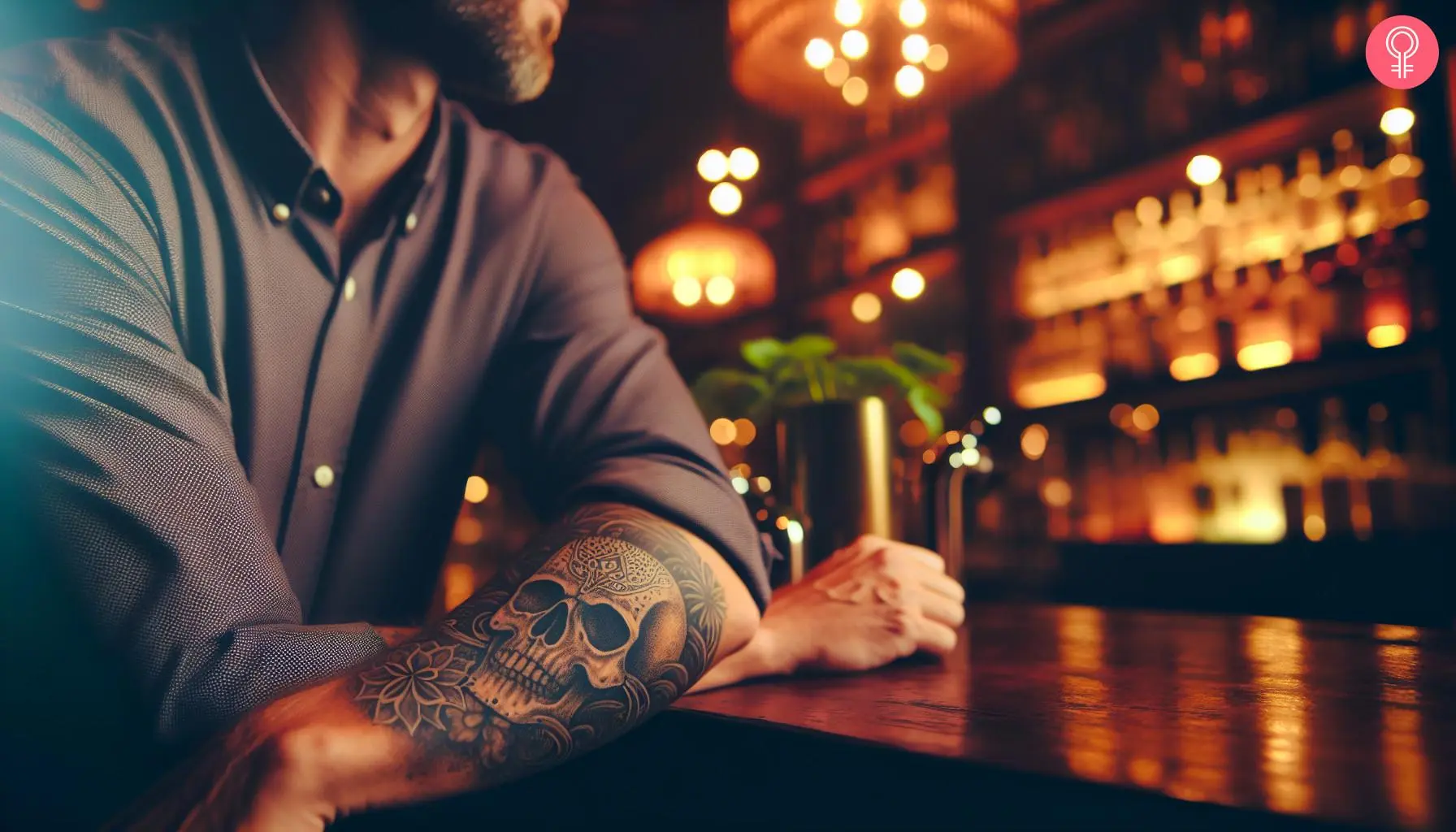 Man with a skull bartender tattoo on the arm