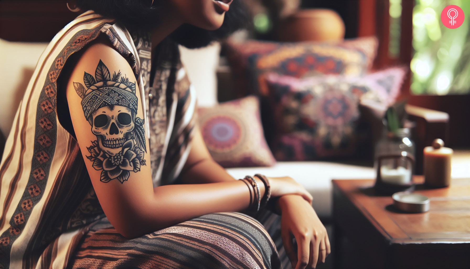 Skull with bandana tattoo on the upper arm