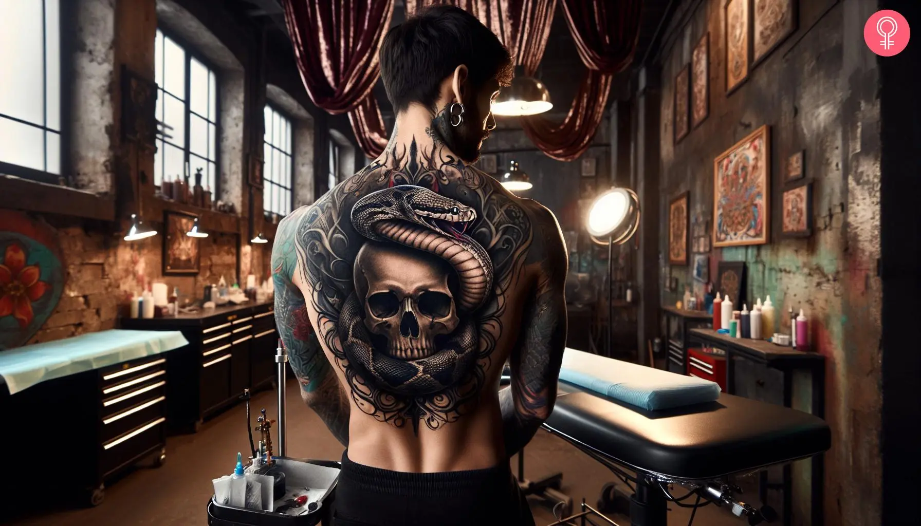 Skull and python tattoo on the back of a man