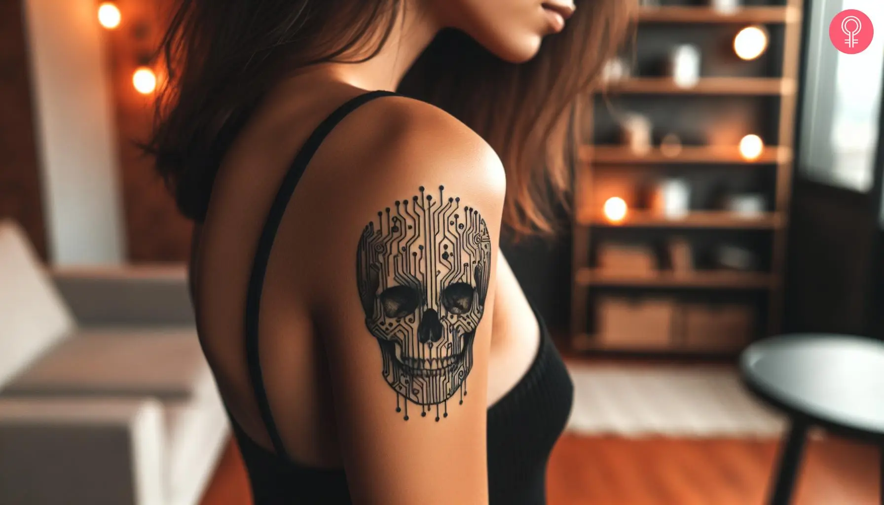 Skull circuit board tattoo on the upper arm of a woman