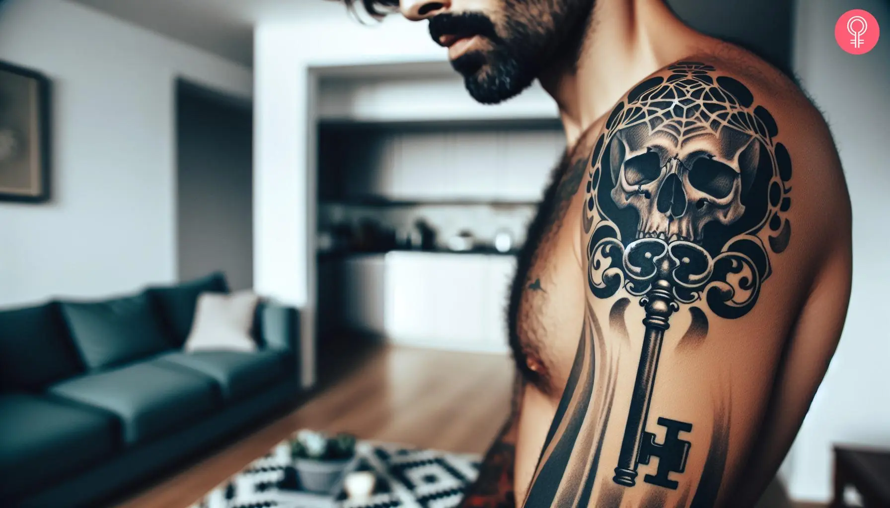 Skull skeleton key tattoo on the shoulder of a man