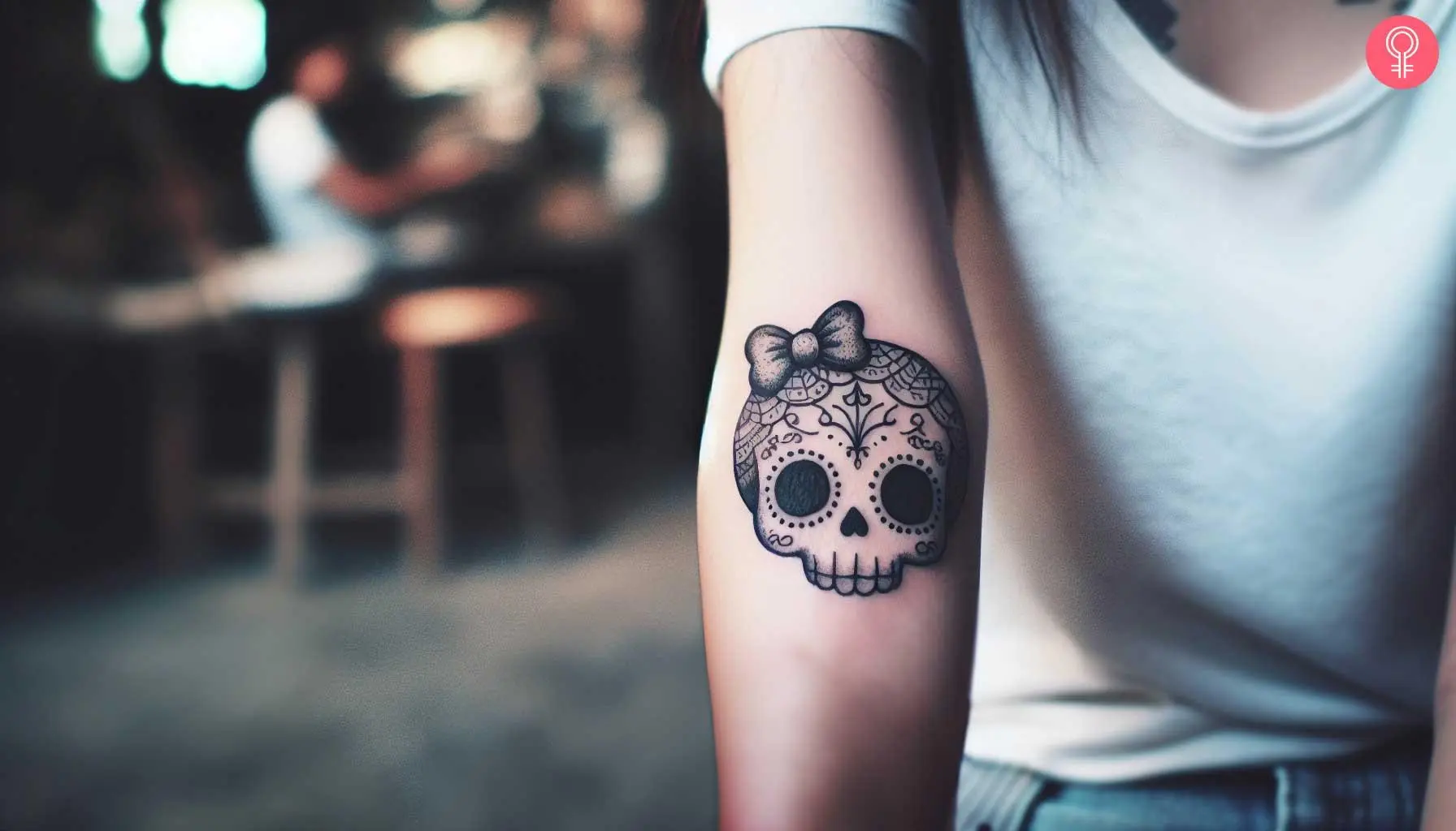 Skull with bow tattoo on the arm of a woman