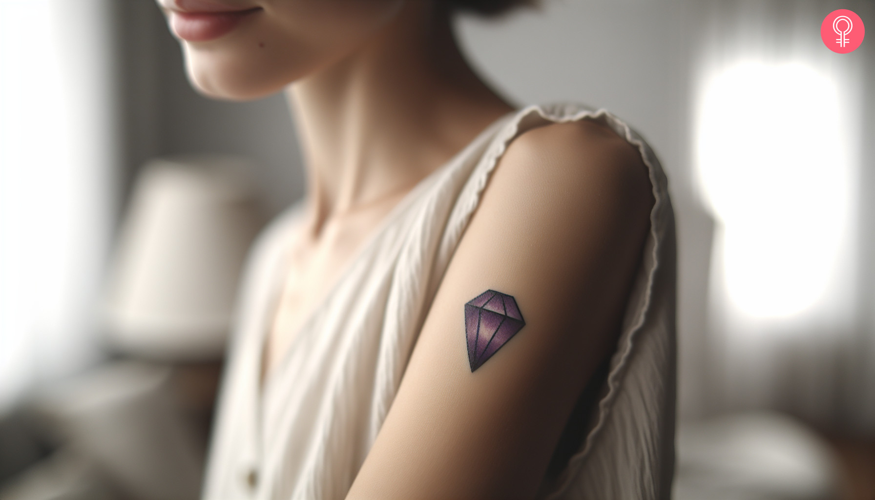 A woman with a small amethyst tattoo on her upper arm