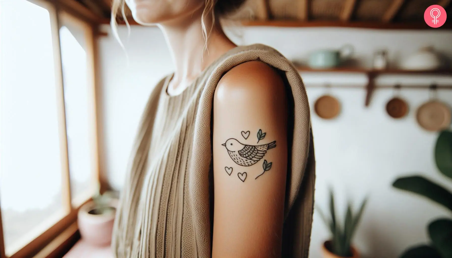 Small bird tattoo with hearts on the upper arm