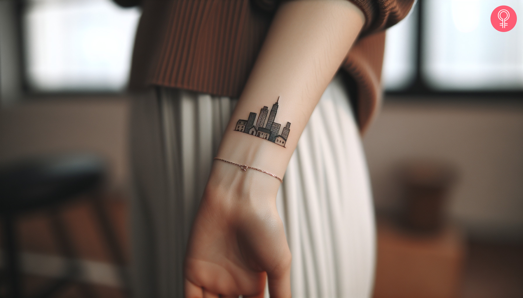 Small buildings tattoo on the wrist of a woman