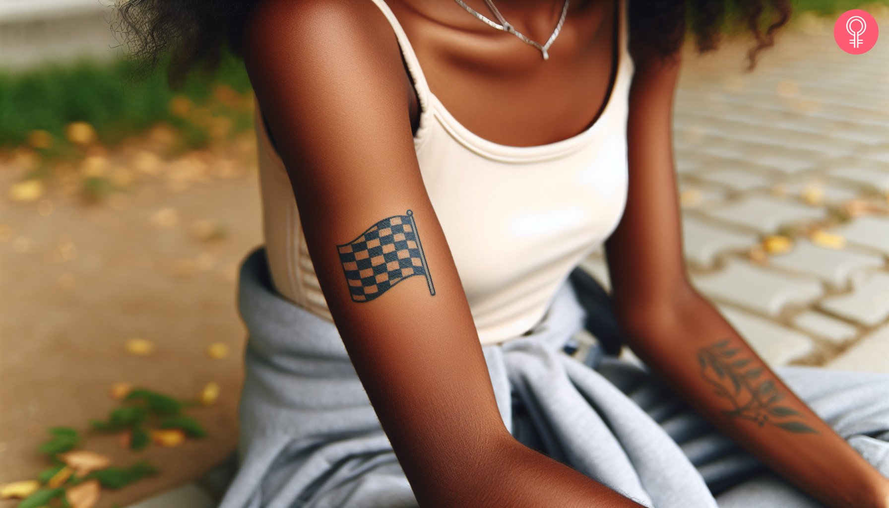 Small checkered flag tattoo on a a woman’s arm