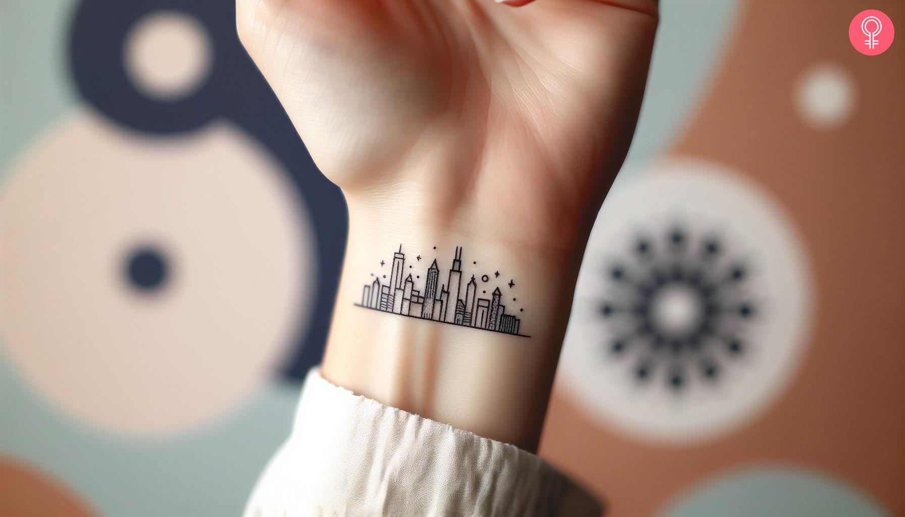 A small Chicago skyline tattoo on the wrist of a woman