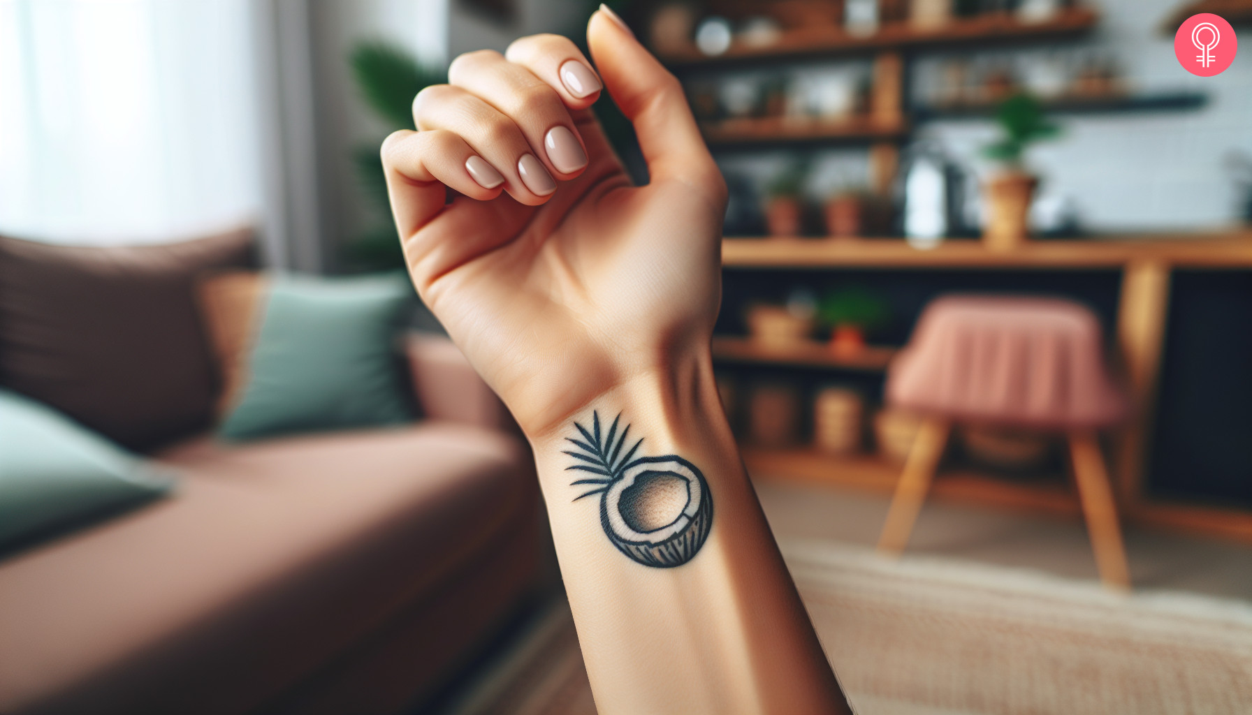 A small coconut tattoo on the wrist