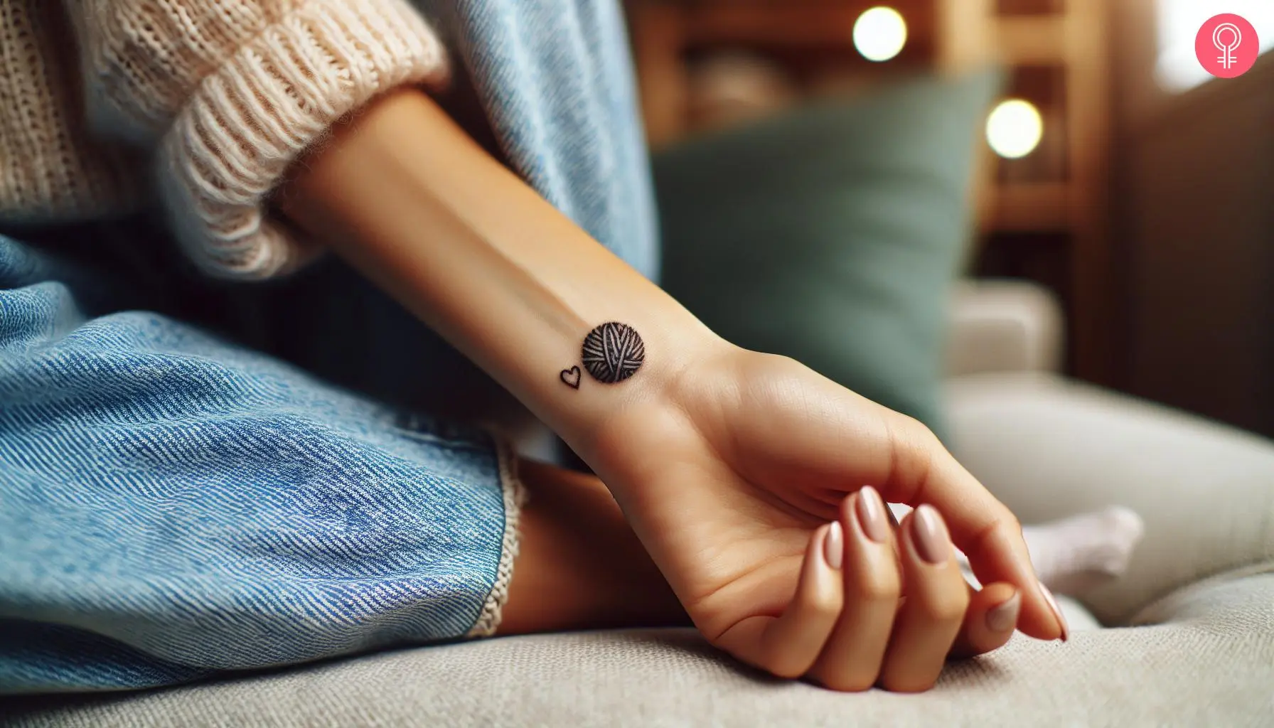 A small crochet tattoo design on a woman’s wrist