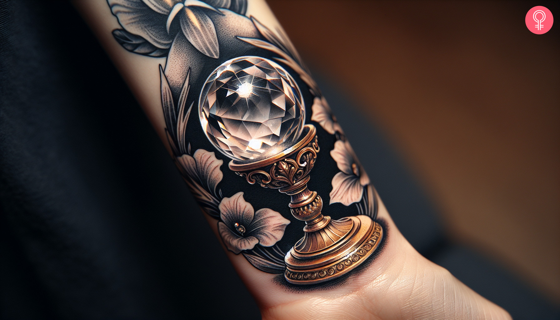 A woman with a small crystal ball tattoo on her wrist