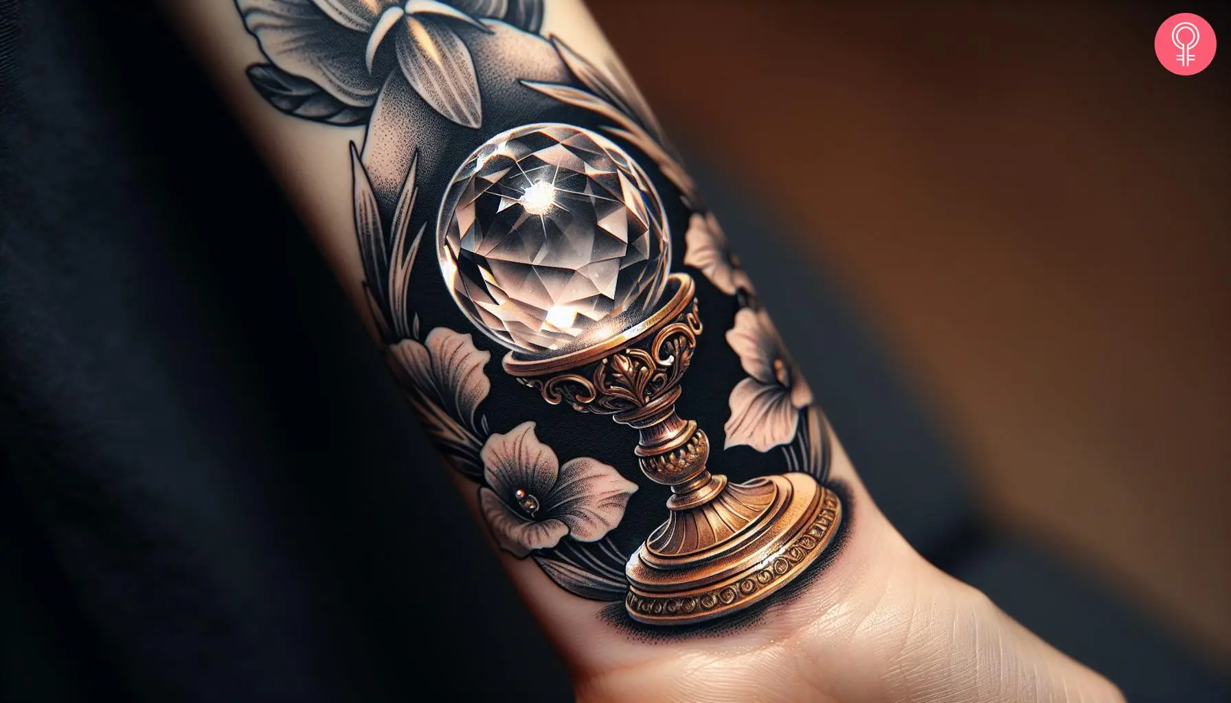 A woman with a small crystal ball tattoo on her wrist