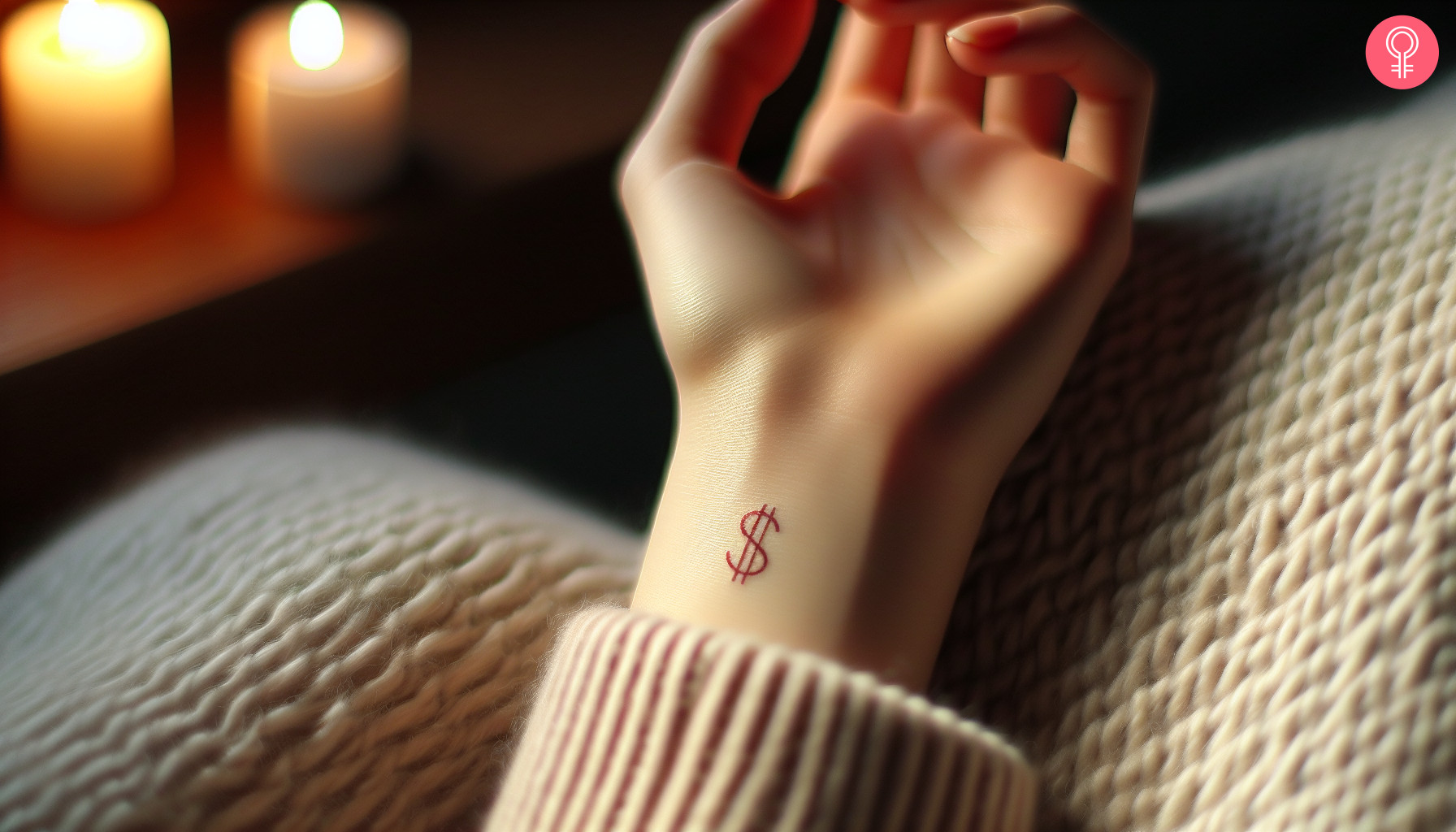 A small dollar sign tattoo on a woman’s wrist