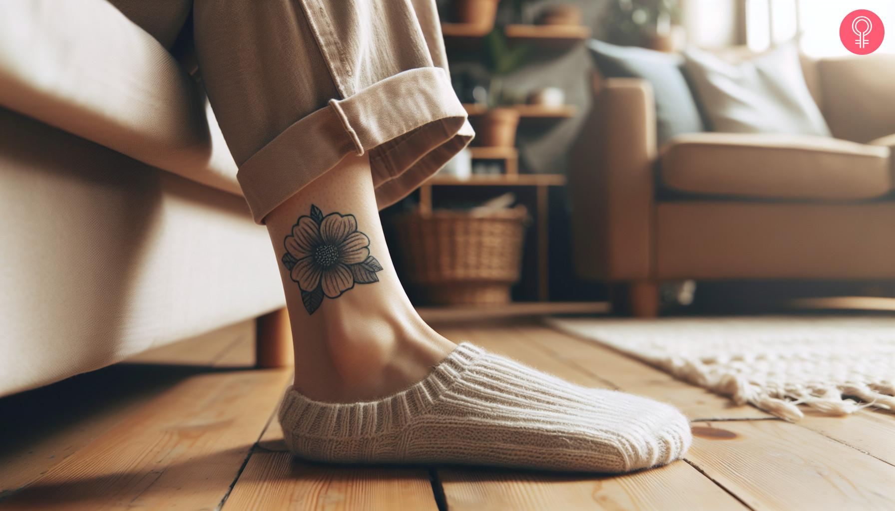 Woman with a small flower tattoo on her foot