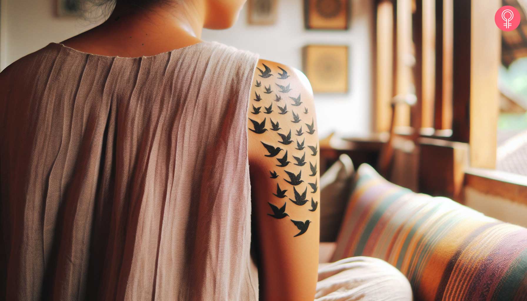 Small birds flying tattoo on the back of the upper arm