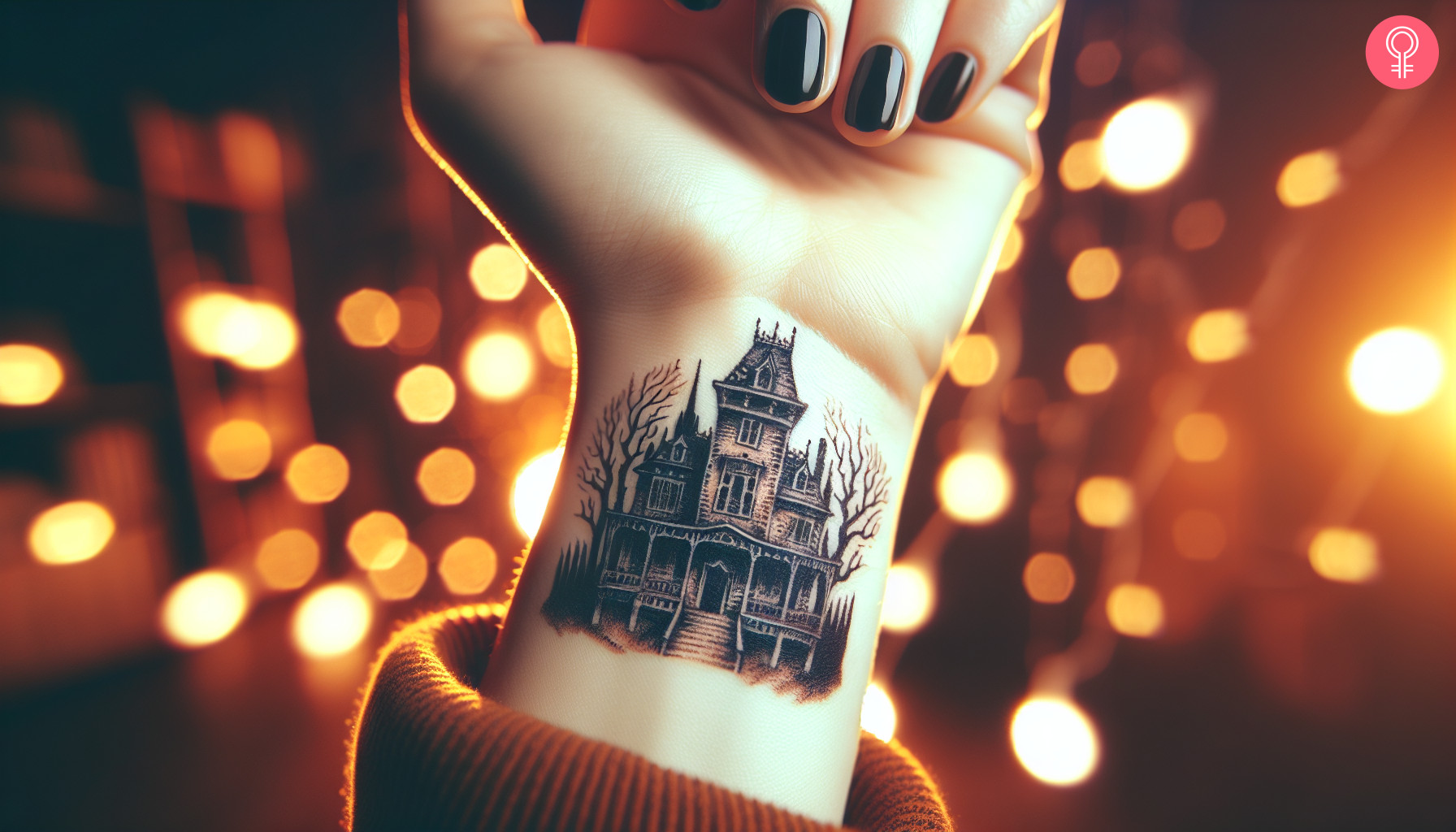 Small haunted mansion tattoo on the wrist