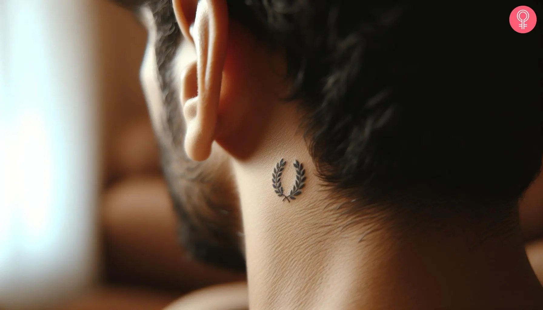 A small laurel wreath tattoo on the neck of a man