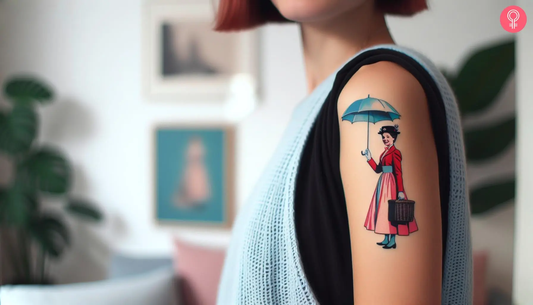 A woman with a small Mary Poppins tattoo on her arm