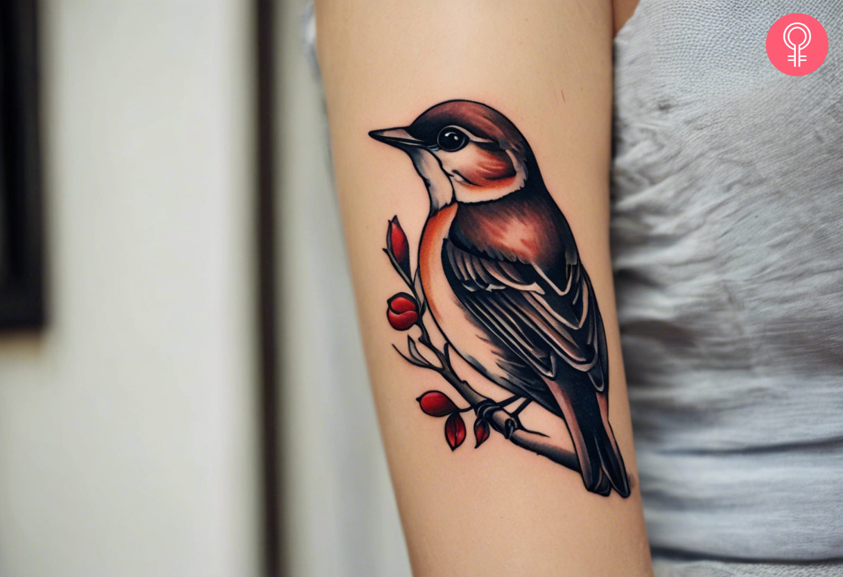 Small nightingale tattoo on a woman’s arm