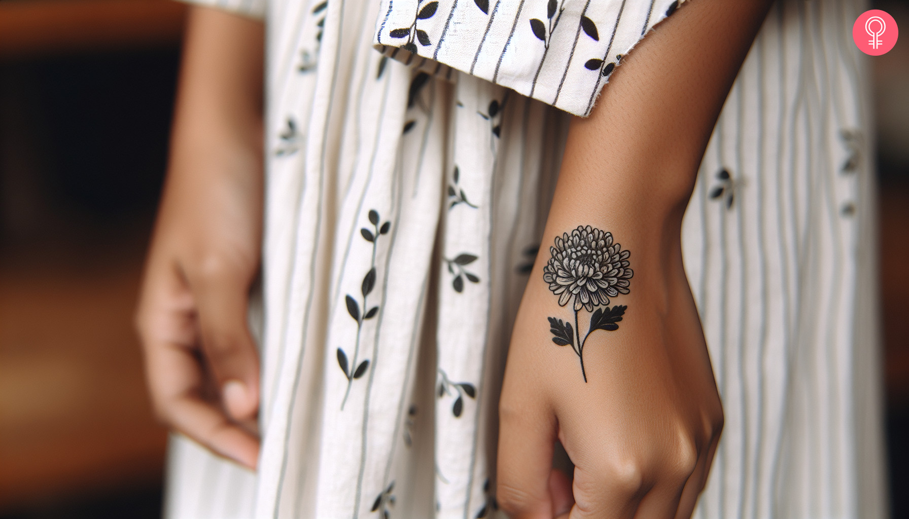 A small black and white chrysanthemum inked on the hand