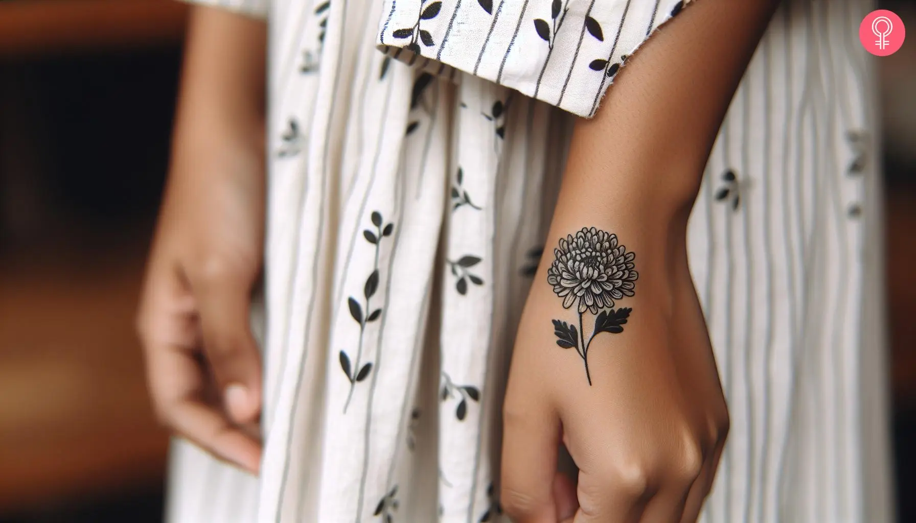 A small black and white chrysanthemum inked on the hand