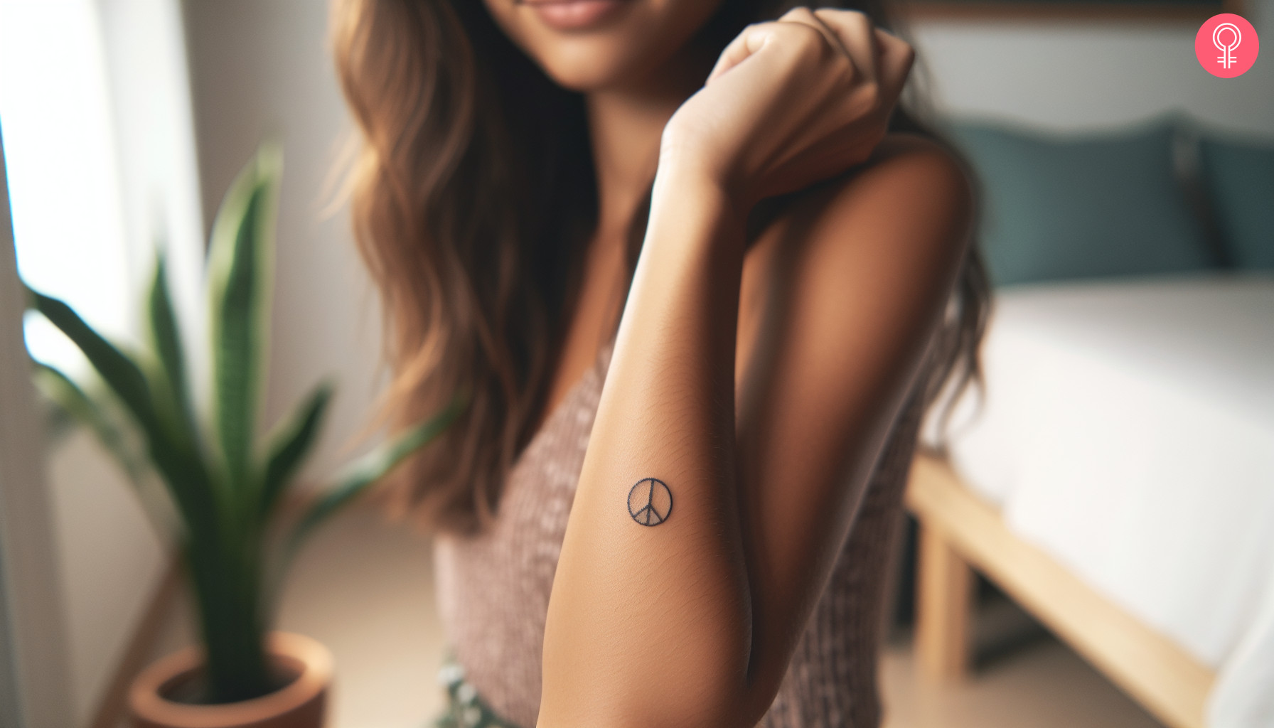 Small peace sign tattoo on the forearm of a woman