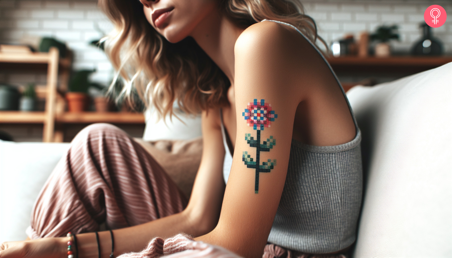 Small pixel flower tattoo on a woman’s upper arm