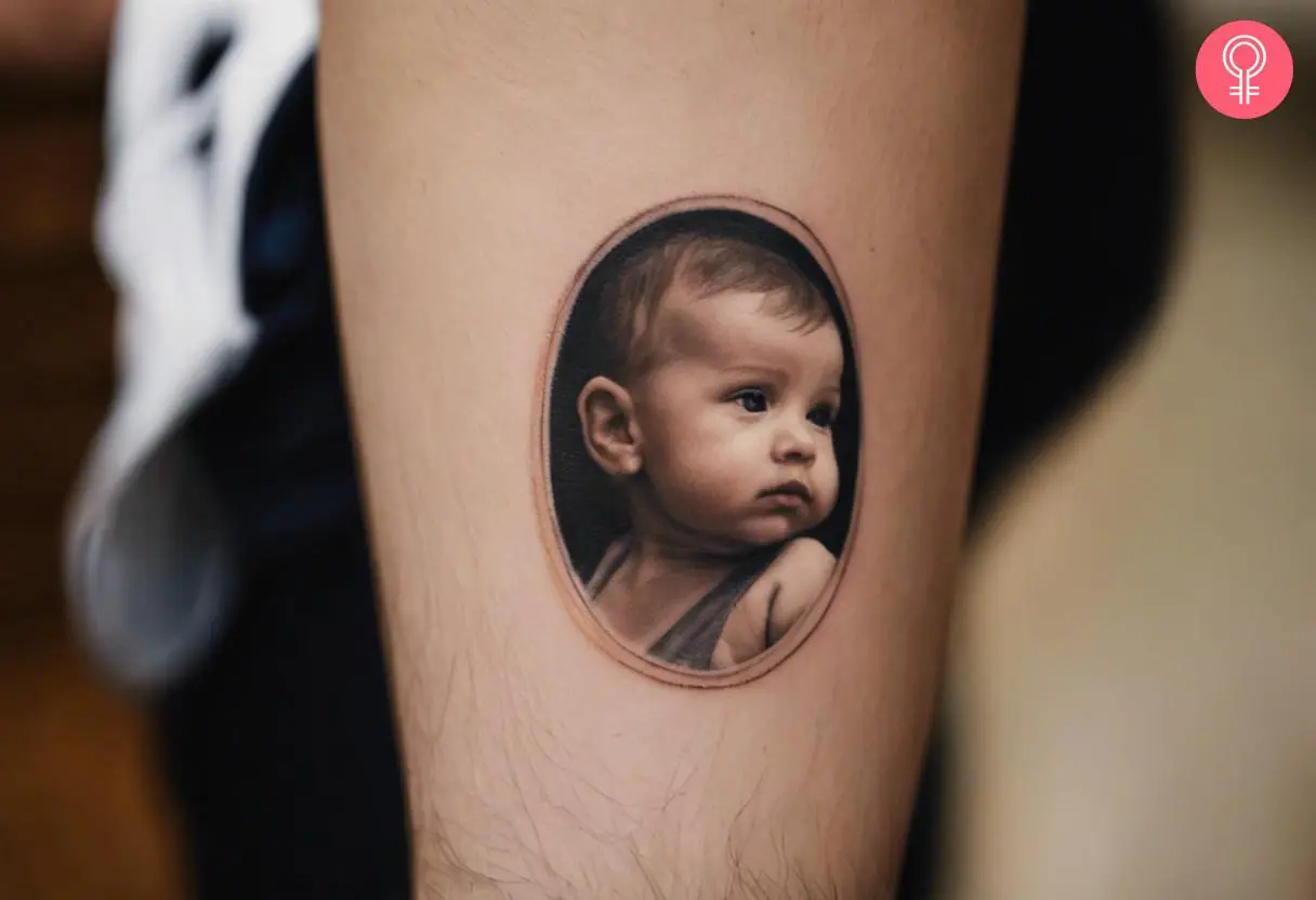 Small portrait tattoo on a man’s forearm