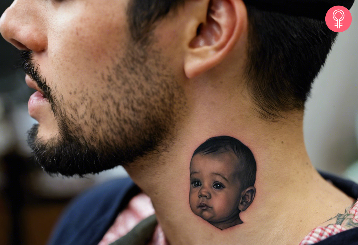 A man wearing a baby portrait tattoo on the neck