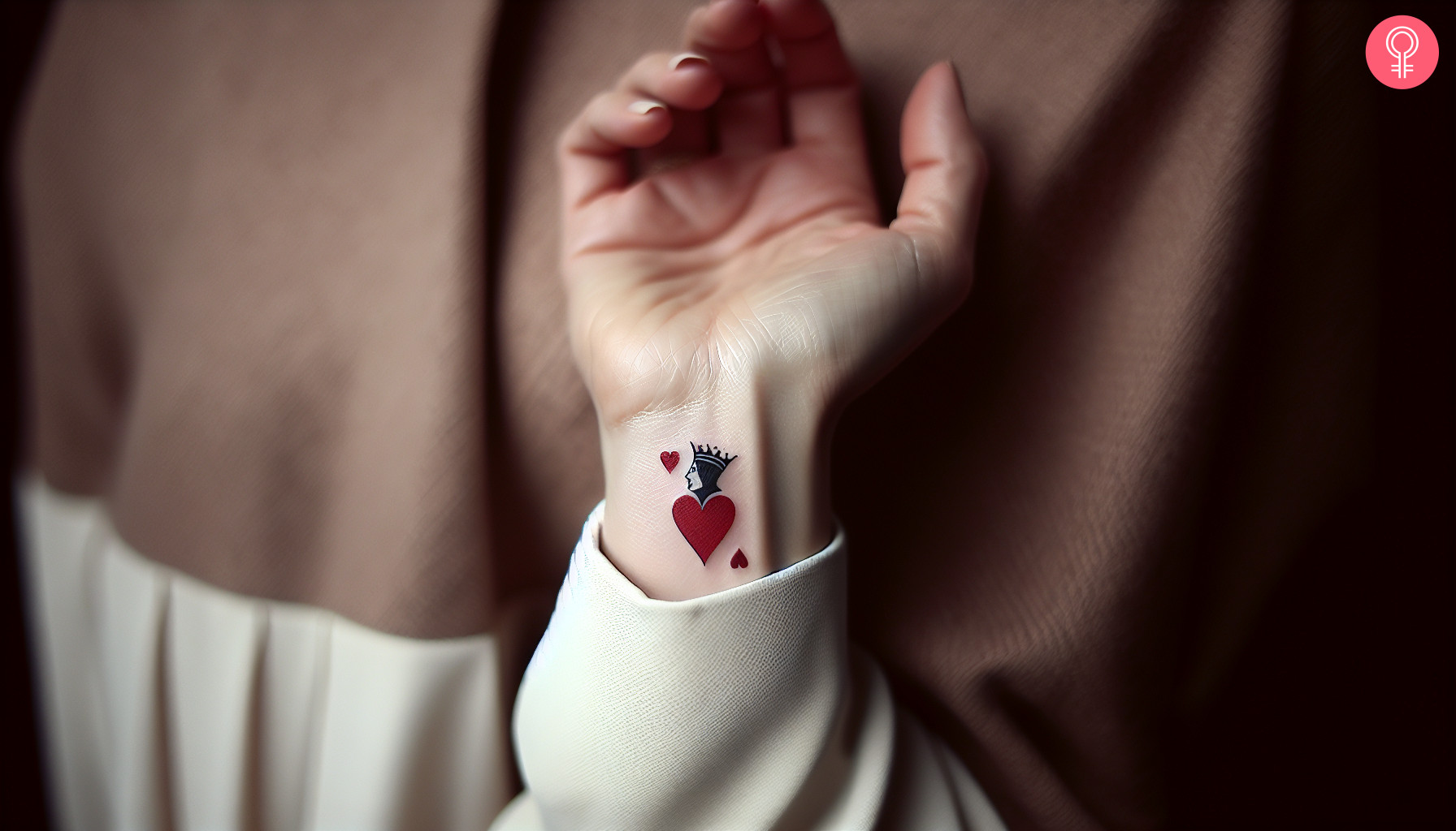 Woman with small queen of hearts tattoo on her wrist