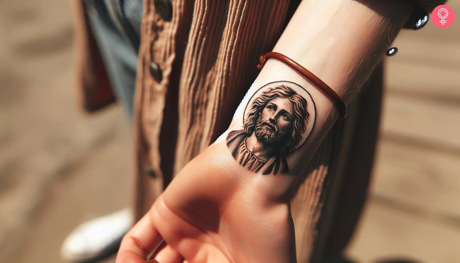 A small San Judas tattoo on a woman’s wrist