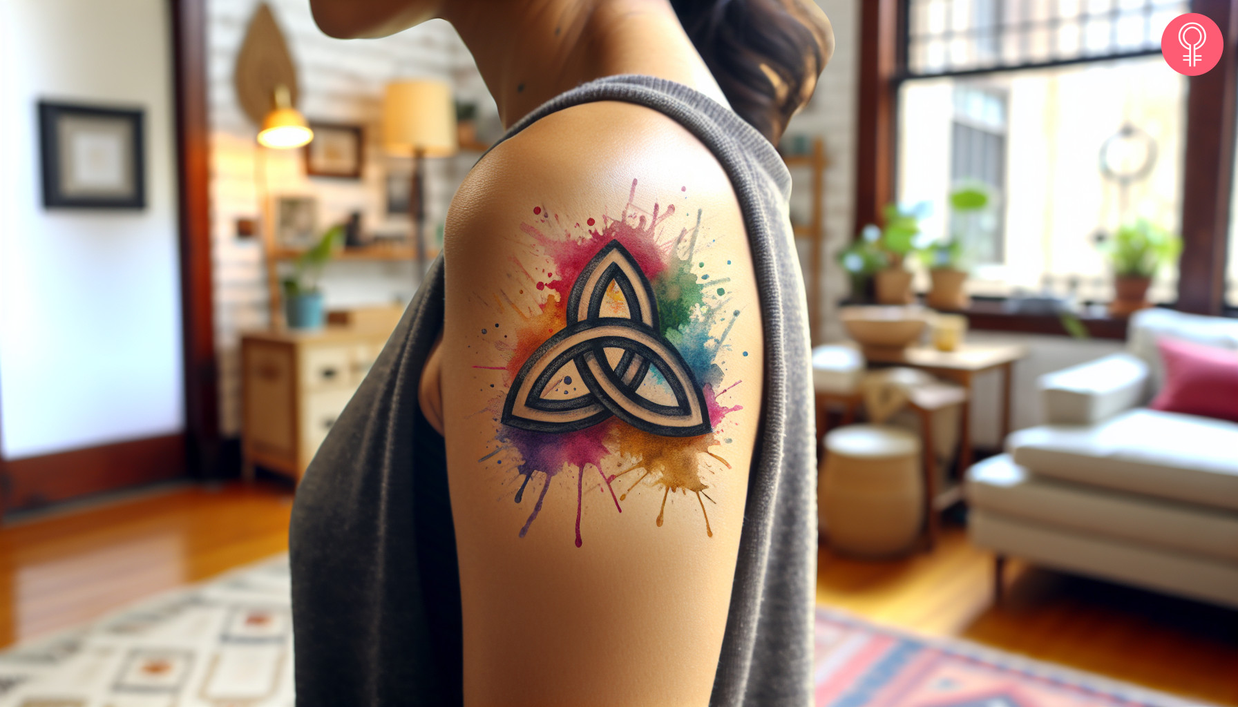 Small watercolor trinity knot tattoo on the upper arm of a woman